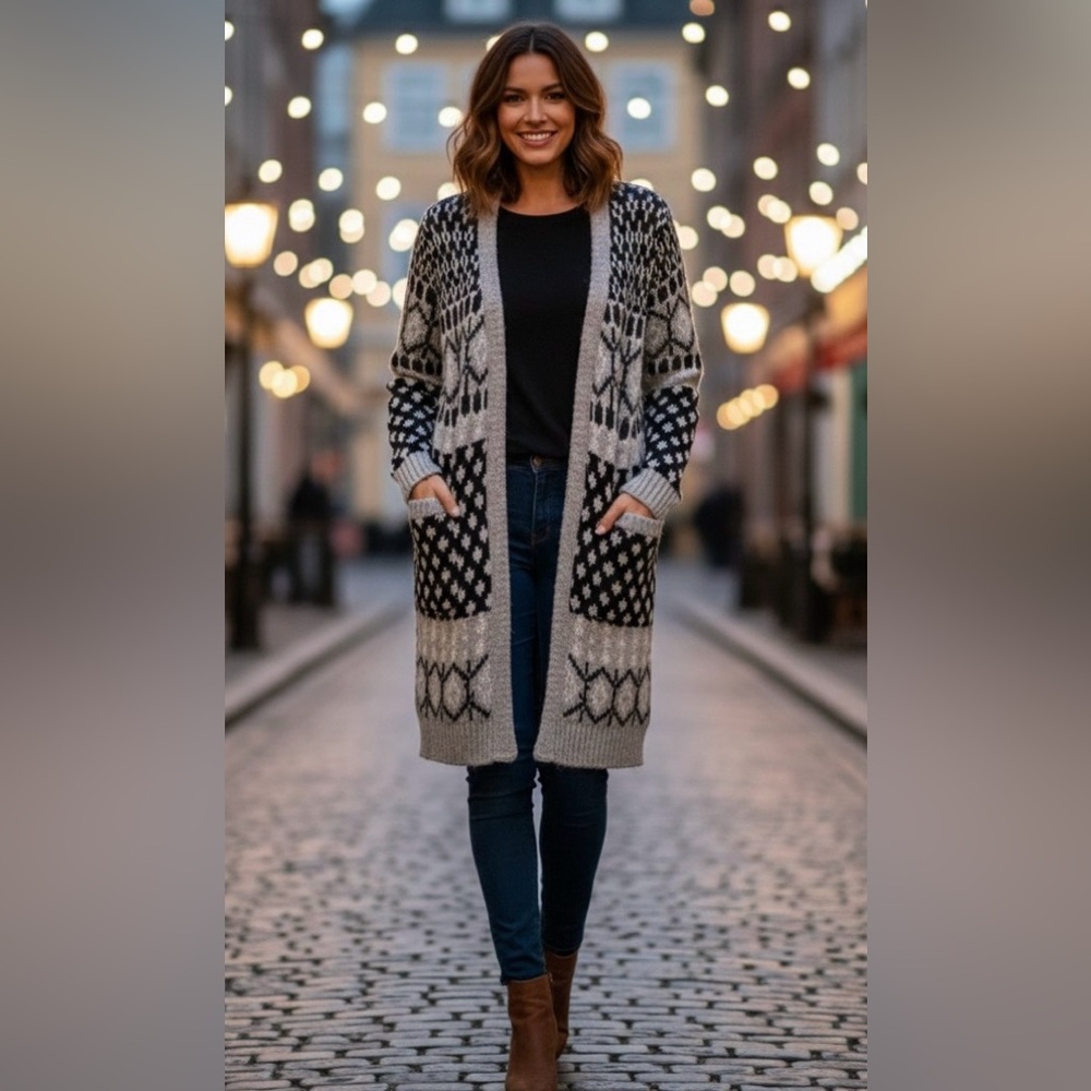 Lara knit black/shite/gray Italian cardigan, geometrical forms, button closure,S